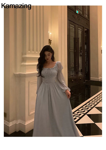 Elegant Square Collar Lace Dress Princess Evening Party Midi Dresses Women Autumn High Waist A-line Prom Robe One Piece Vestidos