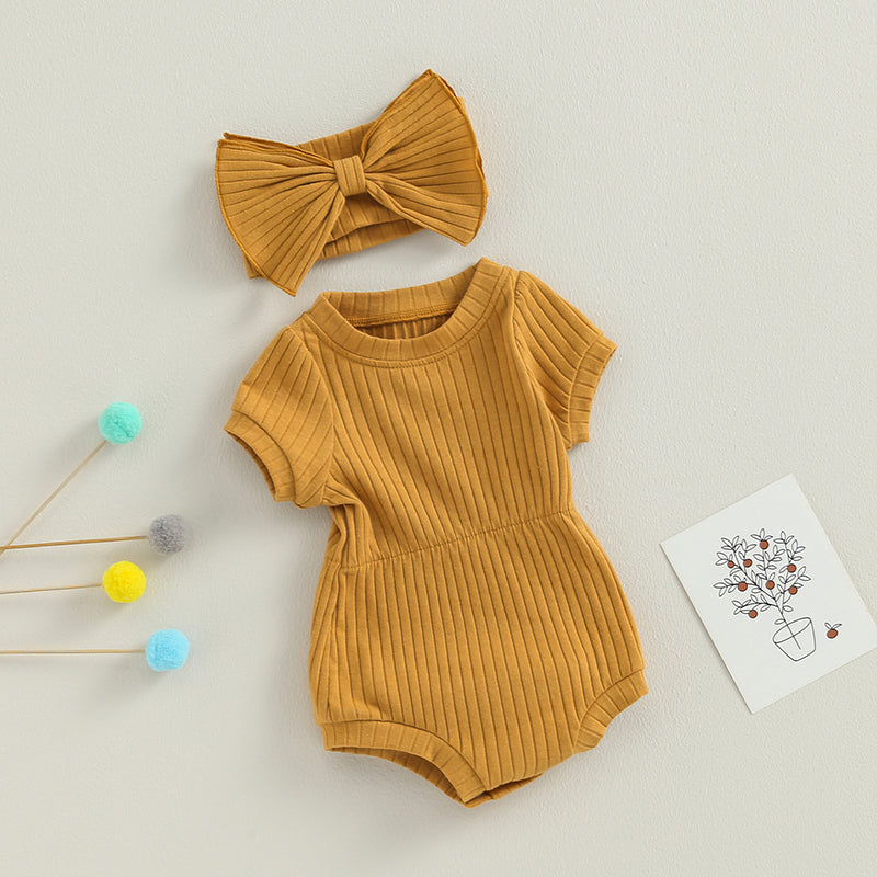 Newborn Baby Girl Clothes Solid Color Ribbed Knit Short Sleeve Romper Bodysuit Jumpsuit with Headband Summer Outfit