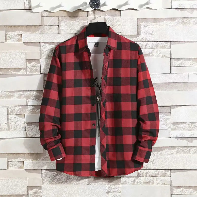 Spring New Korean Style Plaid Shirts Men's Handsome Long-sleeved Loose Casual All-matching Shirt Coats 2025 Trend Men's Clothing