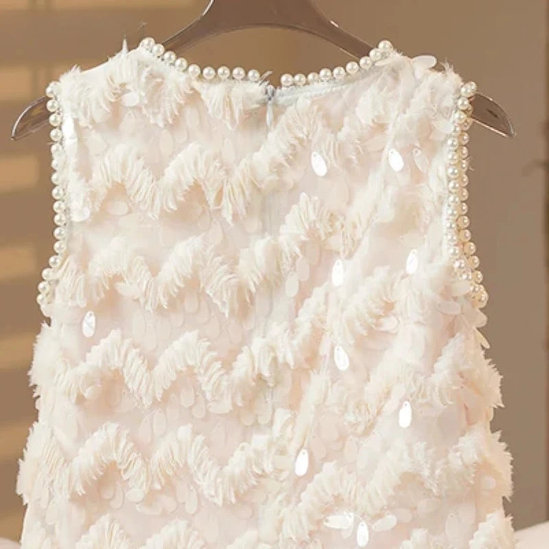 2025 Girls New High-end Dress Costumes Formal Clothes Beige Summer Matching Clothes White Short Sleeves Princess Party Wedding