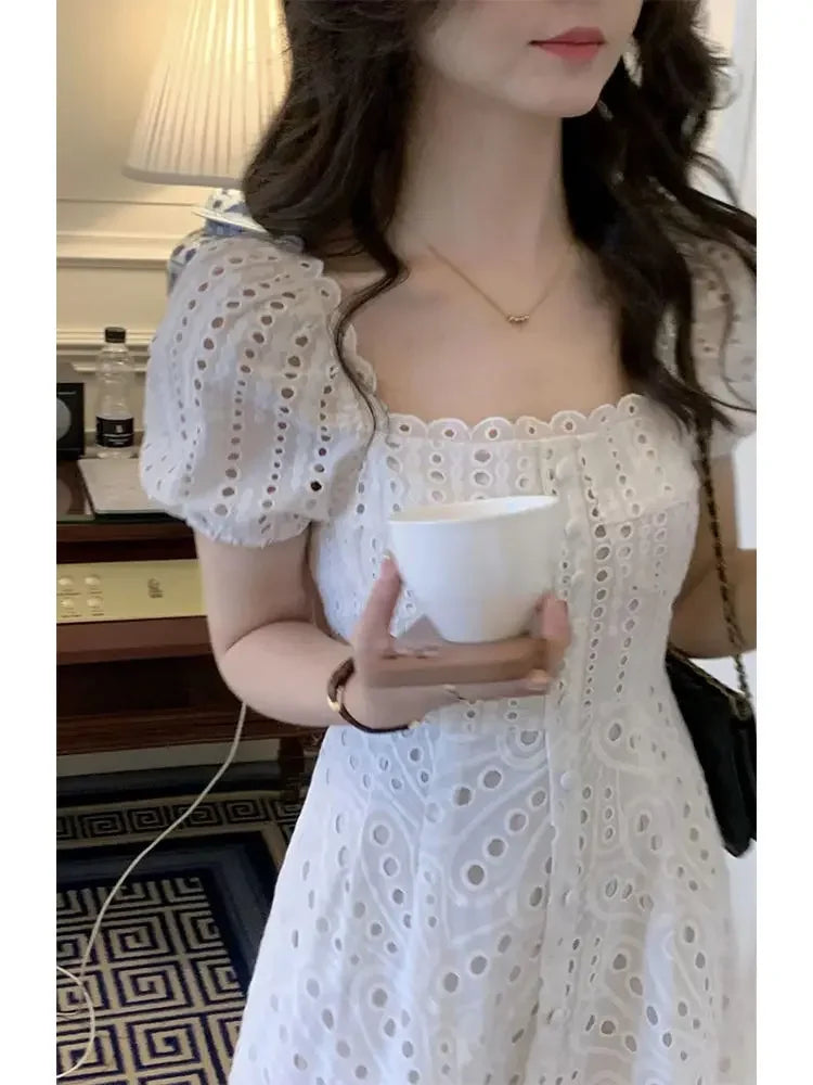 Summer Elegant Korean Chic White Midi Dress Women French Hollow Out Sexy Kawaii Vestidos De Fiesta Fashion Short Sleeve Dress