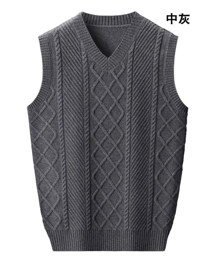 Stylish V-neck Jacquard Knit Sleeveless Sweater Vest for Men Middle-aged Men Fashion Solid Color Warm Top