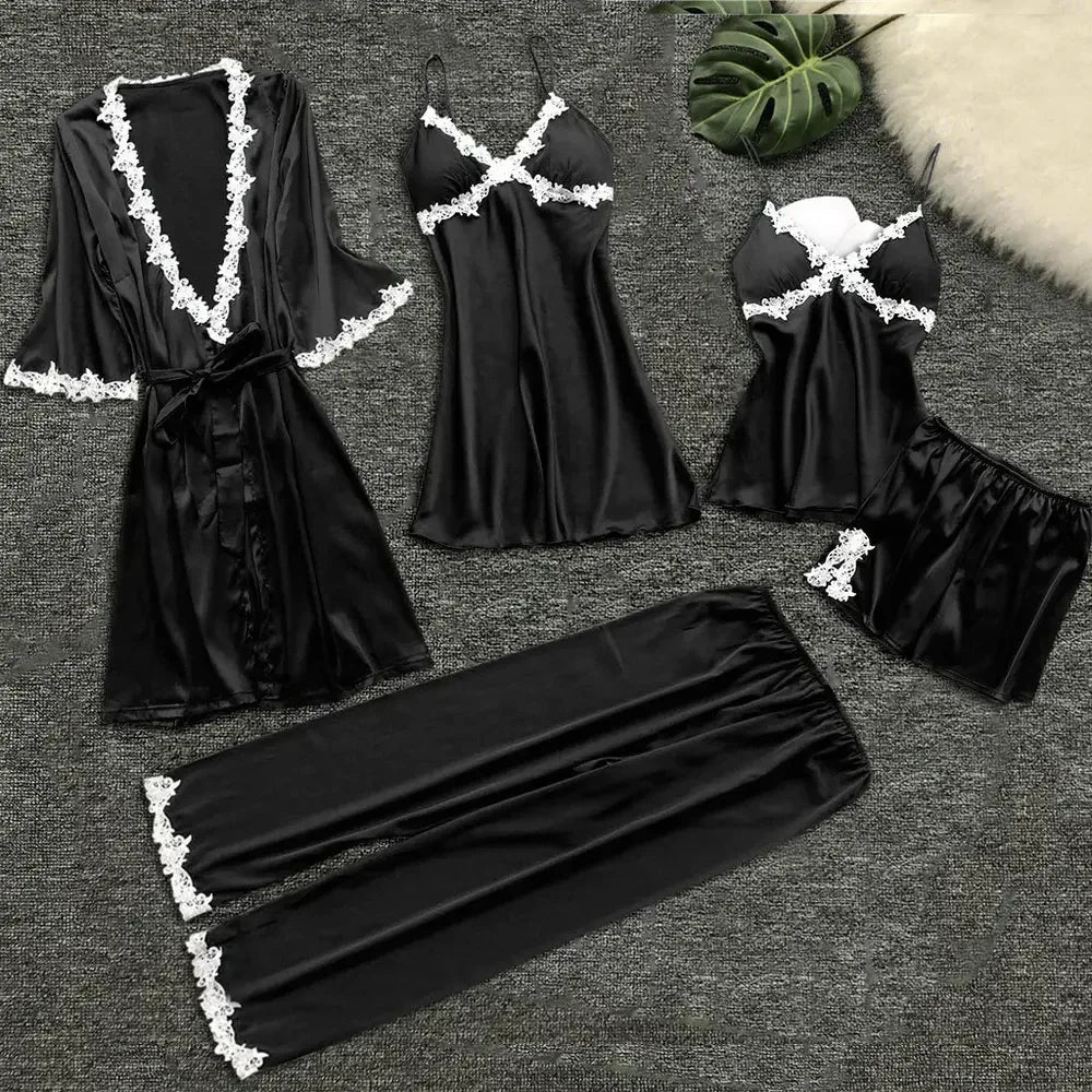2025 Five-Piece Pajamas Women's Summer Half Sleeve Bridal Gown Plus Size Home wear Nightgown Bathrobe European and American