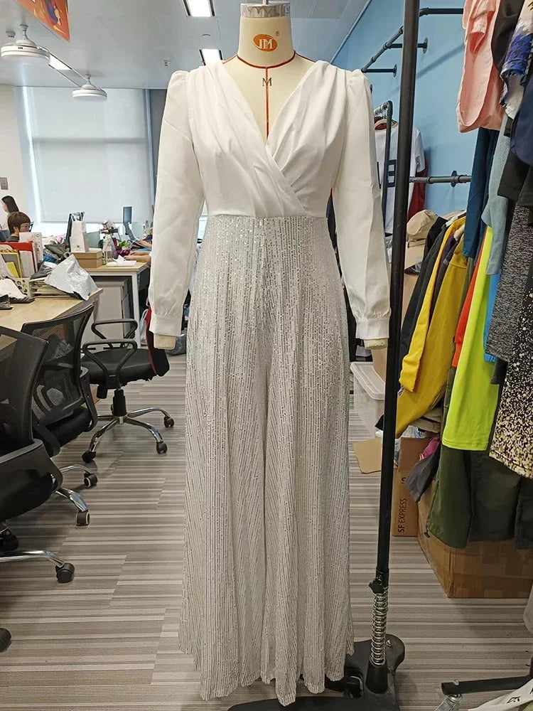 BWQ Splice Sequins Maxi Dresses For Women Fashion Folds Loose V Neck Elegant Dress Femme Party Evening Dresses Luxury 2025