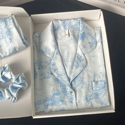 2025 Autumn New Ice Silk Women Pajama Lapel Button Cardigan Outfits for Women 2 Piece Set Fashion Printing Set Clothes for Women