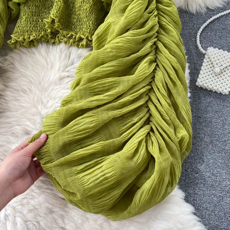 Women Sexy Chiffon Short Blouse Female See Through Super Long Sleeve Purple/Green/Black/White Folds Party Tops 2025 New