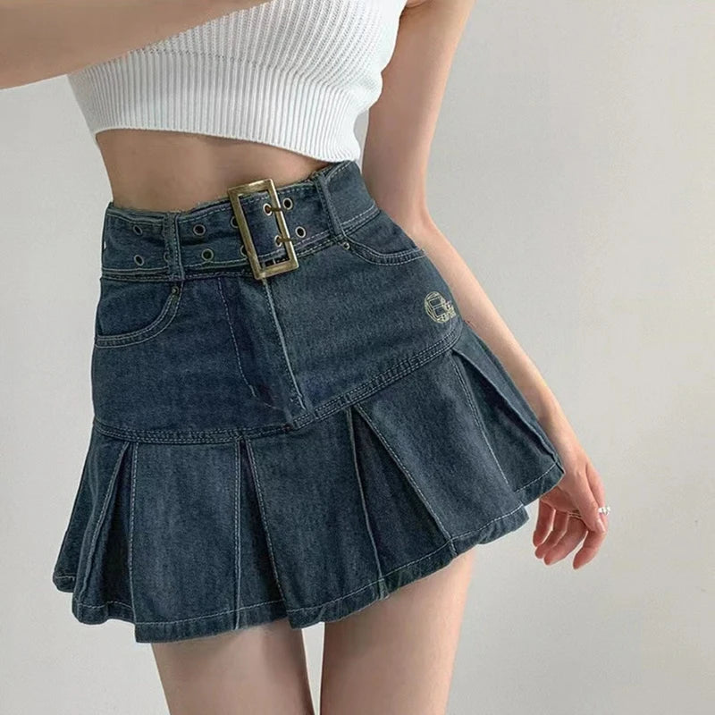 Embroider denim skirt women's clothing spring and summer retro pleated skirt empire look slimmer mini skirt