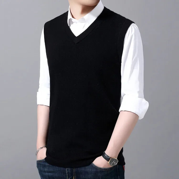 New Men's Autumn High-end Sweater Vest V-neck Warm Knit Sleeveless Men's Clothes Pullover Tops