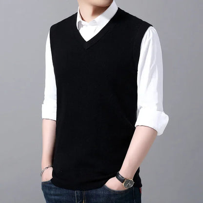 New Men's Autumn High-end Sweater Vest V-neck Warm Knit Sleeveless Men's Clothes Pullover Tops