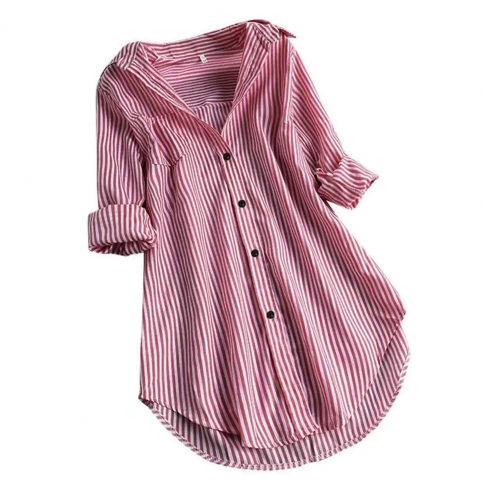 M-4XL Women Tunic Shirt Striped Long-sleeves V Neck Mid Long Turn-down Collar Loose Fit Casual Summer Elegant Ladies Blouse Top