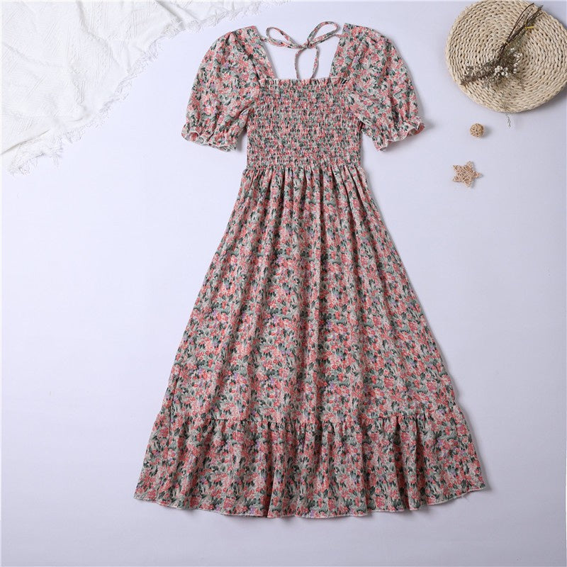 Summer Pleated Women Chiffon Dresses Casual Beach Holiday Short Sleeve Square Collar Woman Midi Dress Bohemian
