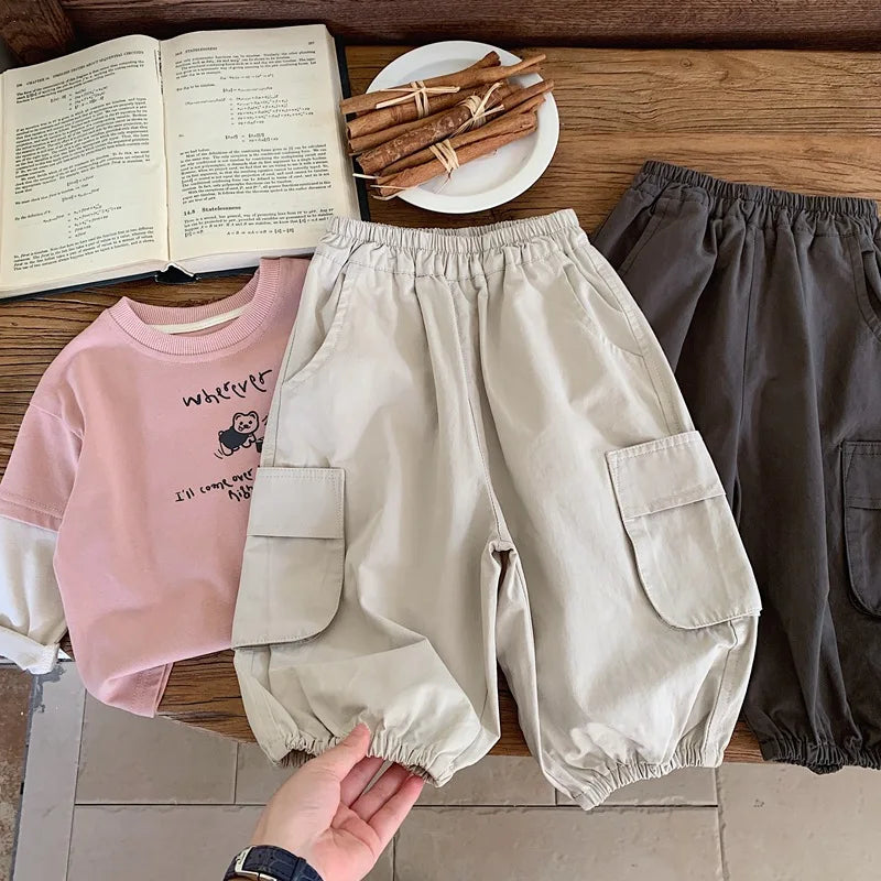 2025 Spring Baby Kids Pants Children's Solid Color Cargo Pants Boys Girls Loose All-match Trousers