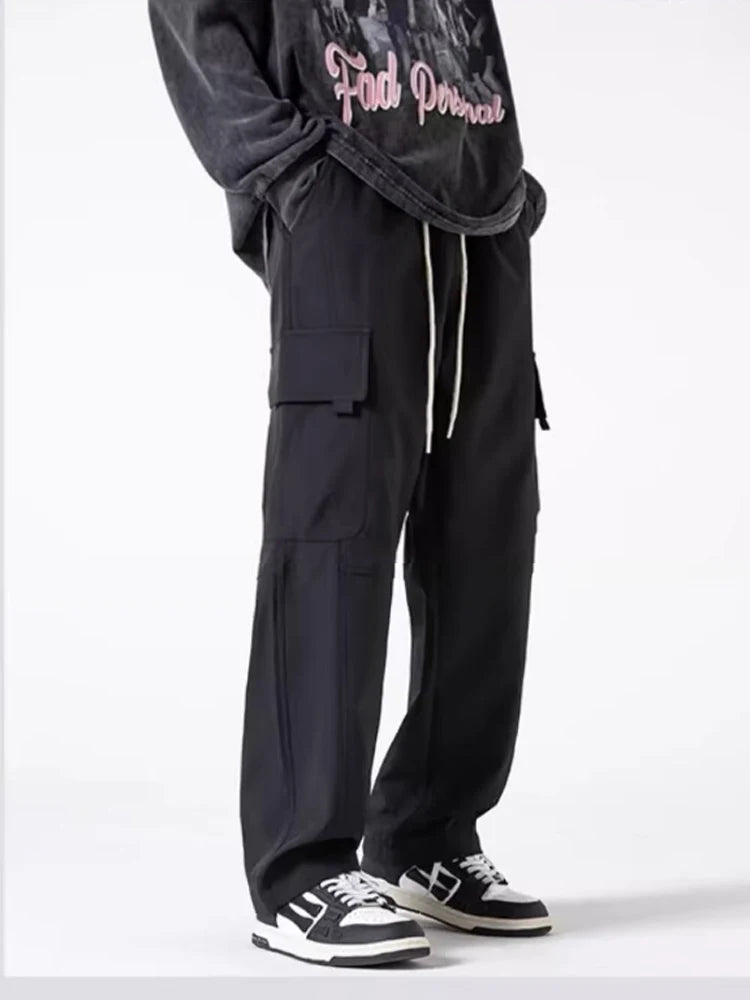 Thick and stretchy straight leg elastic waistband versatile casual long pants for men in autumn and winter, warm pure cotton pan