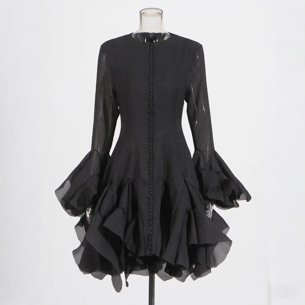 VGH Elegant Spliced Ruffles Midi Dresses for Women O Neck Petal Sleeve High Waist Slim Patchwork Buttons Solid Dress Female New