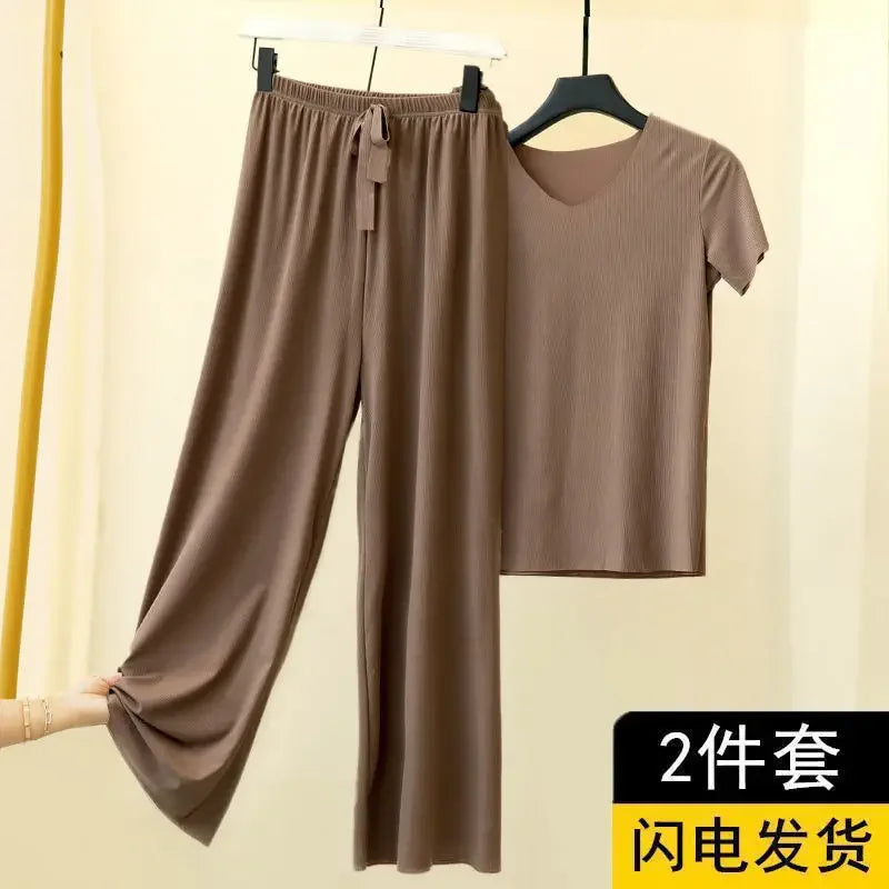 Female Home Clothes 2 Pieces Set Lady Home Suit Summer Women Lounge Wear Autumn Loose Home wear Suit for Women Pajamas Pants Set