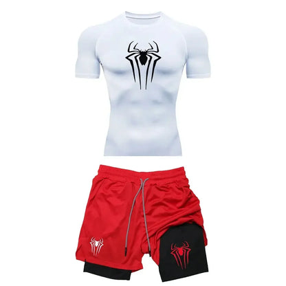 Men's Workout Compression Set Y2K Spider Printed Gym T-shirts Breathable Running Shorts Quick Dry Sports Rash Guard Sportwear Set