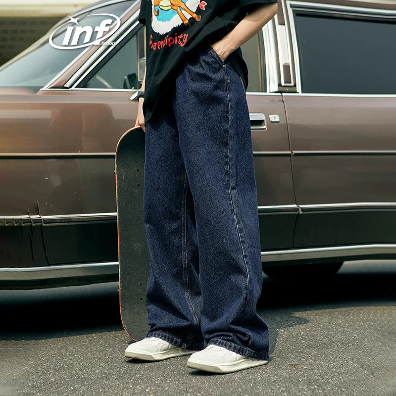 INFLATION Brown Retro Washed Denim Pants Unisex Classic Straight Leg Jeans Male Trouser Plus Size