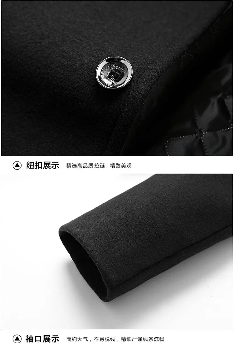 Men's Woolen Coat 2025 Autumn/Winter New Cotton Thickened Single Breasted Standing Collar Wool Blend Male Jacket