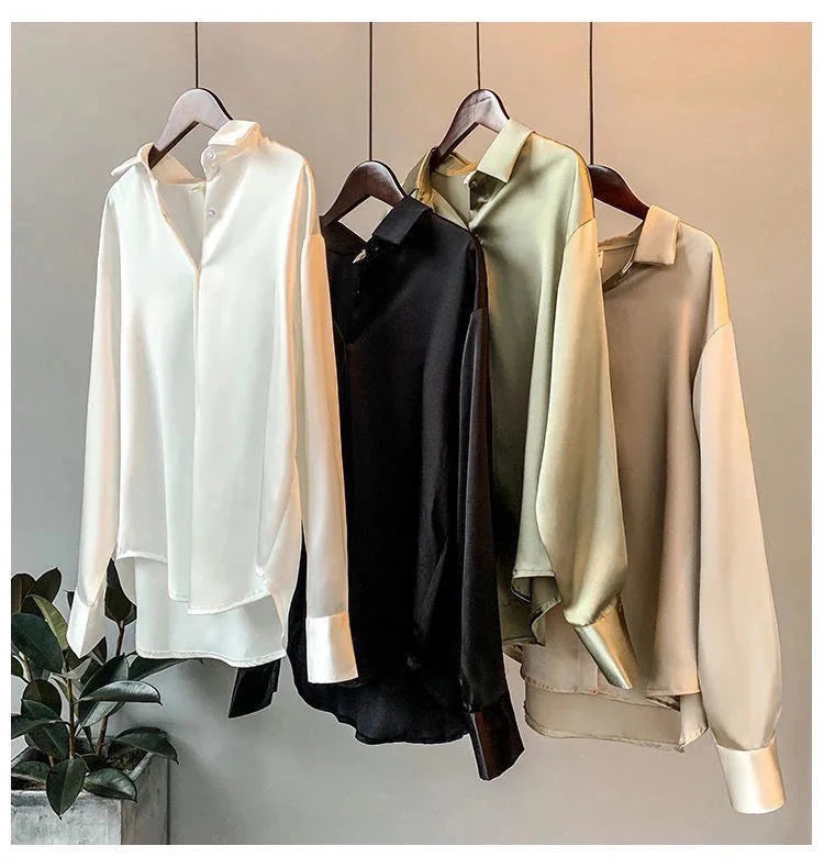Spring Fashion Button Satin Silk Shirt Hong Kong Style Retro Shirt Women's White Top Women's Long sleeved Women's Loose Street