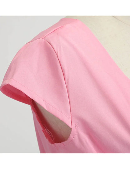 Pink Summer Dress Women V Neck Vintage Robe Elegant Retro pin up Party Office Midi Dresses