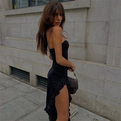 Elegant Strapless Sexy Maxi Dress Women's Irregular Tassel 2025 Summer Trend Skinny Split Bodycon Birthday Party Clubwear Dress