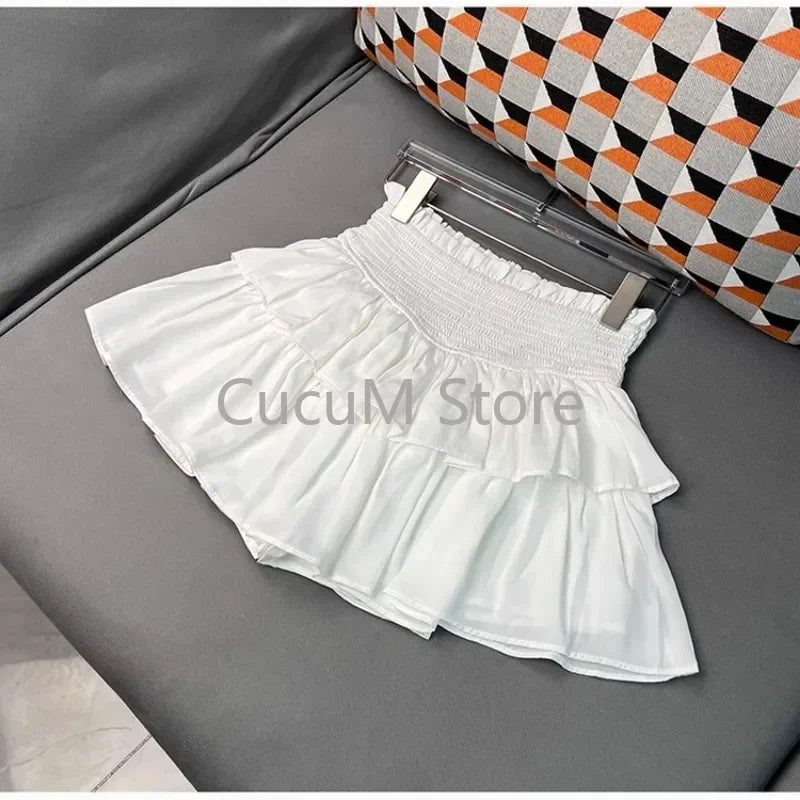Sweet Cake Skirt Women's Ruffles Casual Simple Short Mini White Chiffon Skirt Black Korean New 2025 Puffy Ballet Style Skirts