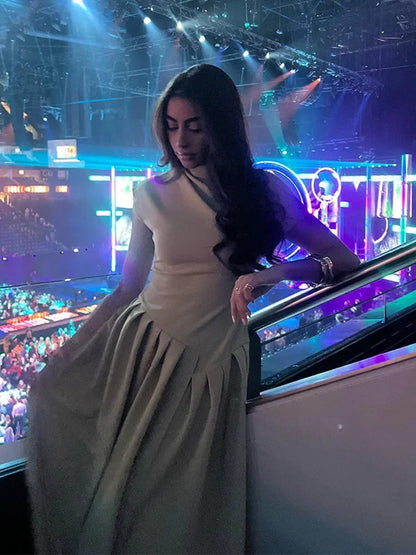 DSMTRC 2025 New Casual Office Lady Vestidos Streetwear Elegant Green Diagonal Collar Pleated Short Sleeve Patchwork Chic Dress