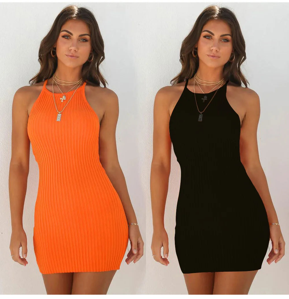 Sexy Rib Stripe Backless Sleeveless Bodycon Dress Women Solid Color Skinny Elegant Halter Dress Club Party Vespids