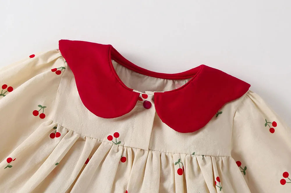 0-2Y Baby Girls Clothes Full Of Cherry Print Baby Dress Long Sleeve Cherry Dresses Ranched Dress with Hat