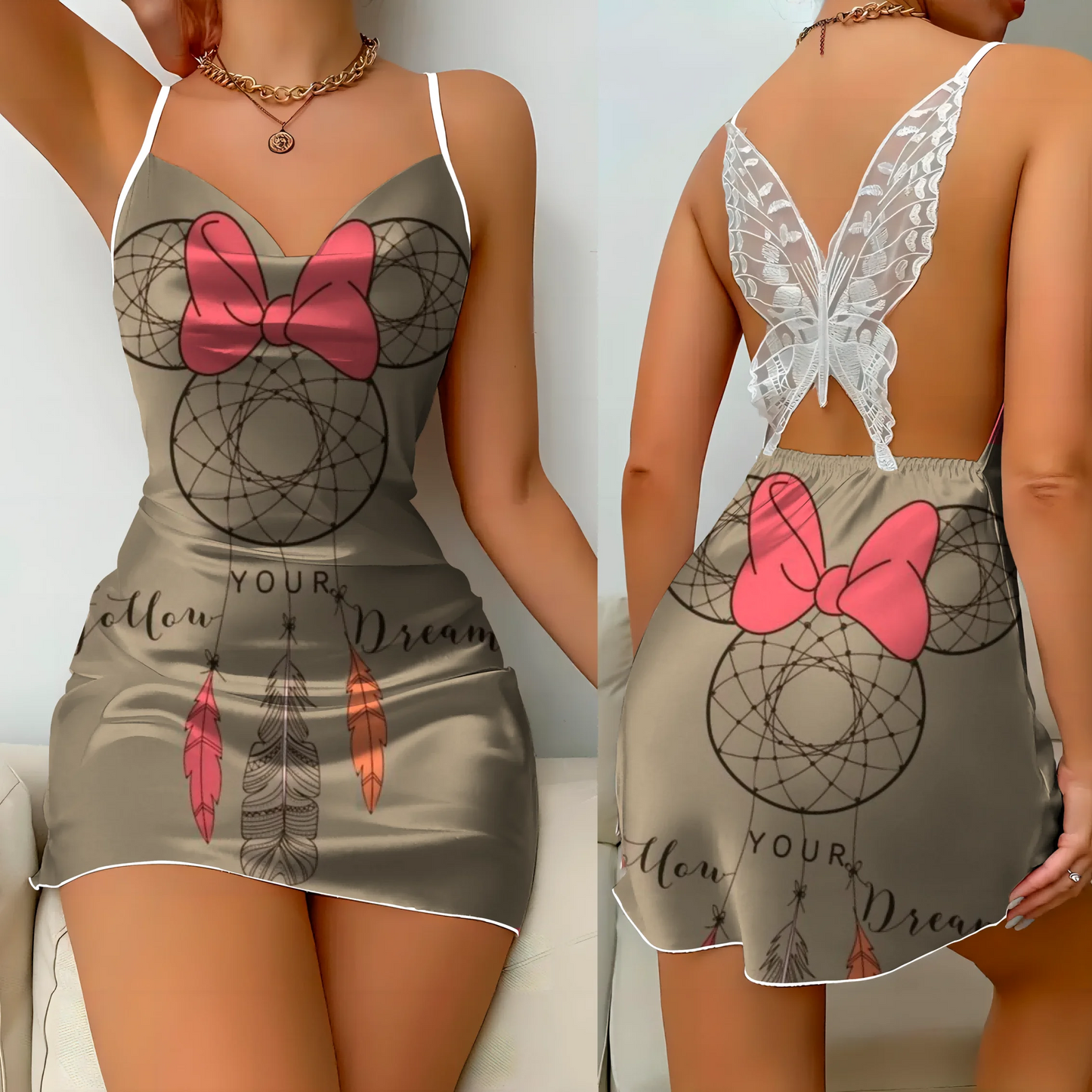 Minnie Mouse Backless Dress Fashion Summer Dresses 2025 Pajama Skirt Bow Knot Mickey Disney Satin Surface Women's Elegant Women