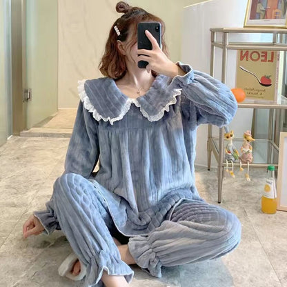 Square Collar Women Pajamas Set Winter Sleepwear Fleece Velvet 2 Piece Pant Home Suit Fluffy Korean Solid Pajama Warm Night Wear