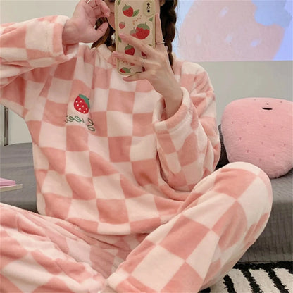 Autumn Winter Kawaii Cartoon Pajama Sets Women Pajamas Plaid Flannel Long Sleepwear Girl Pajama Night Suits Home wear PJ Suit