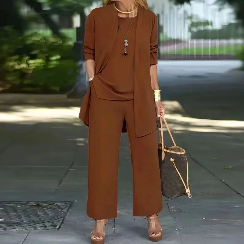 Casual O Neck Vest Cardigan Three Piece Set Elegant Solid Color Loose Pants Outfit Autumn Winter Fashion Women Long Sleeved Suit