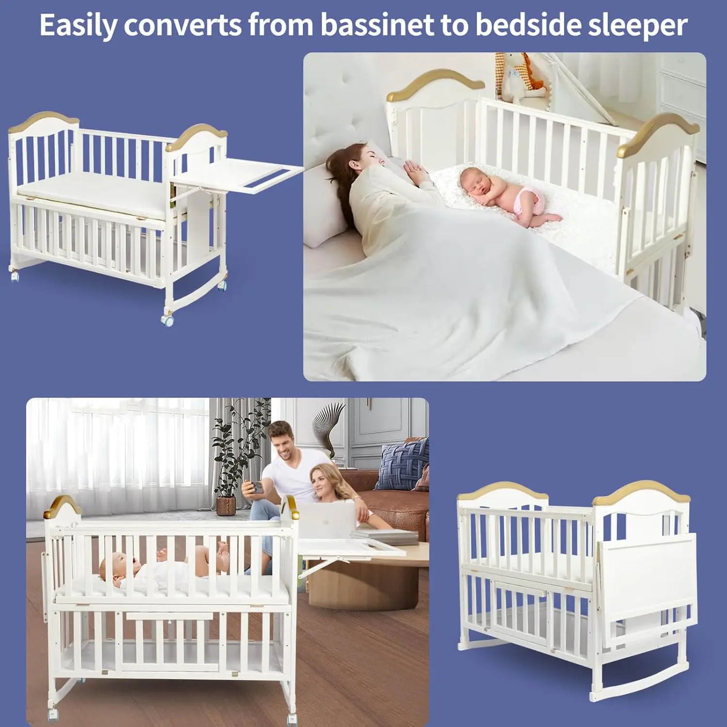 Portable Mini Baby Crib, 4-in-1 Modern Design with Foldable Storage Shelf & Mattress Included, Small Wood Convertible Crib,