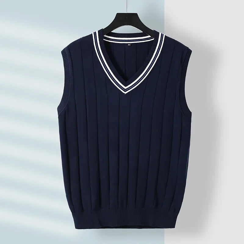 Winter Men Knit Vest Casual Knitted Sweater Cotton Waistcoat v-Neck Knitwear Men's Slim Fit Striped Sweater Vest Man Clothing