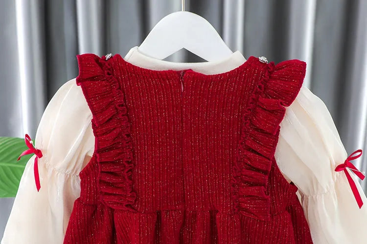 Toddler Baby Girls Dress Autumn  Winter Kids Red Christmas New Year Plush Warm Dress Infant Clothing Set Top+ skirt For 1-4 Years