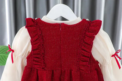 Toddler Baby Girls Dress Autumn  Winter Kids Red Christmas New Year Plush Warm Dress Infant Clothing Set Top+ skirt For 1-4 Years