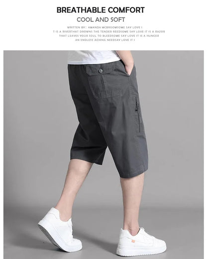 Men's Cargo Shorts Knee Pants Zipper Pocket Summer Cotton Shorts Climbing Jogger Elastic Waist Sports Wear