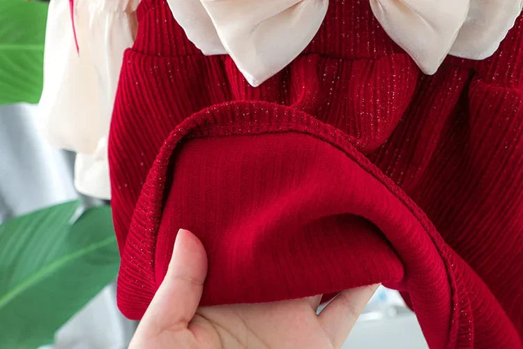 Toddler Baby Girls Dress Autumn  Winter Kids Red Christmas New Year Plush Warm Dress Infant Clothing Set Top+ skirt For 1-4 Years