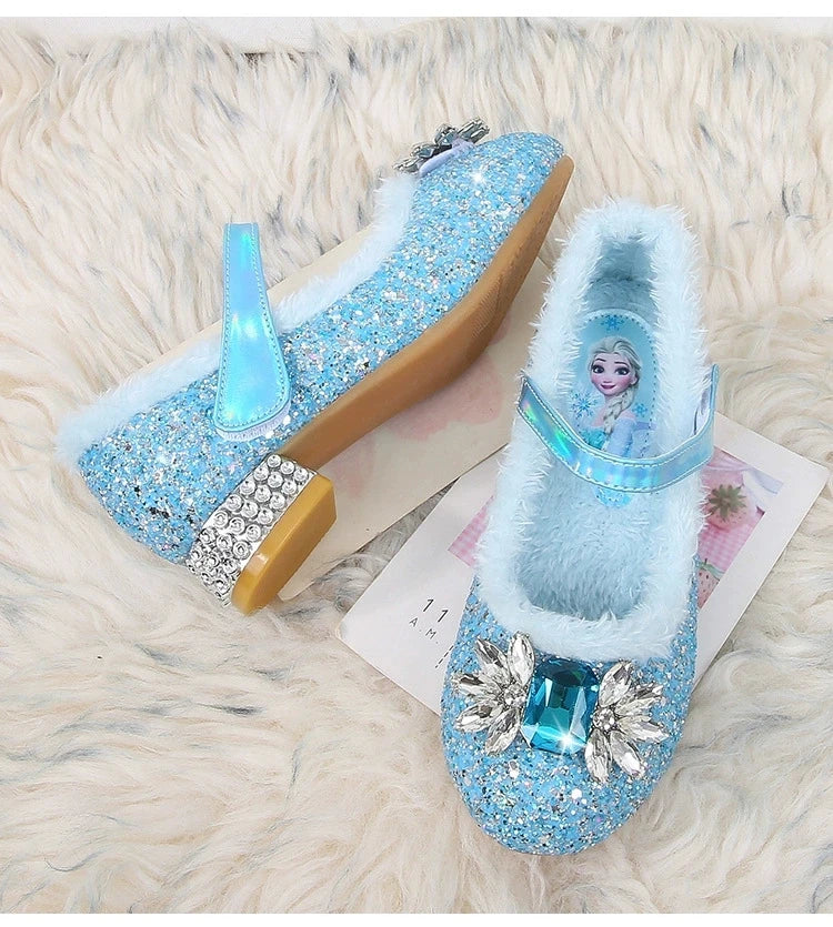 Disney Princess Crystal Girls Shoes Frozen Elsa Sophia Rhinestones Shoes Performance Party High Heels Pink Blue Shoes Size 23-36