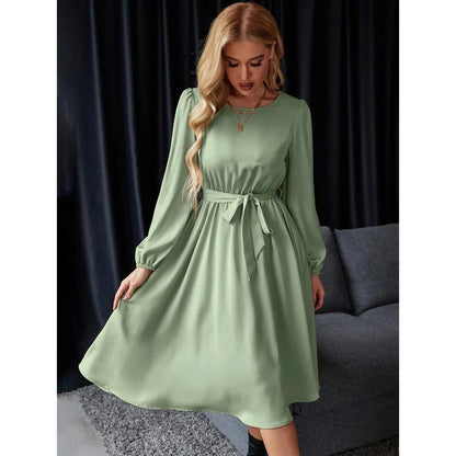 Summer Women's New Fashion Lantern Sleeves Keyhole Back Lace Up Waist Satin Round Neck Long Sleeve Medium Length Dress