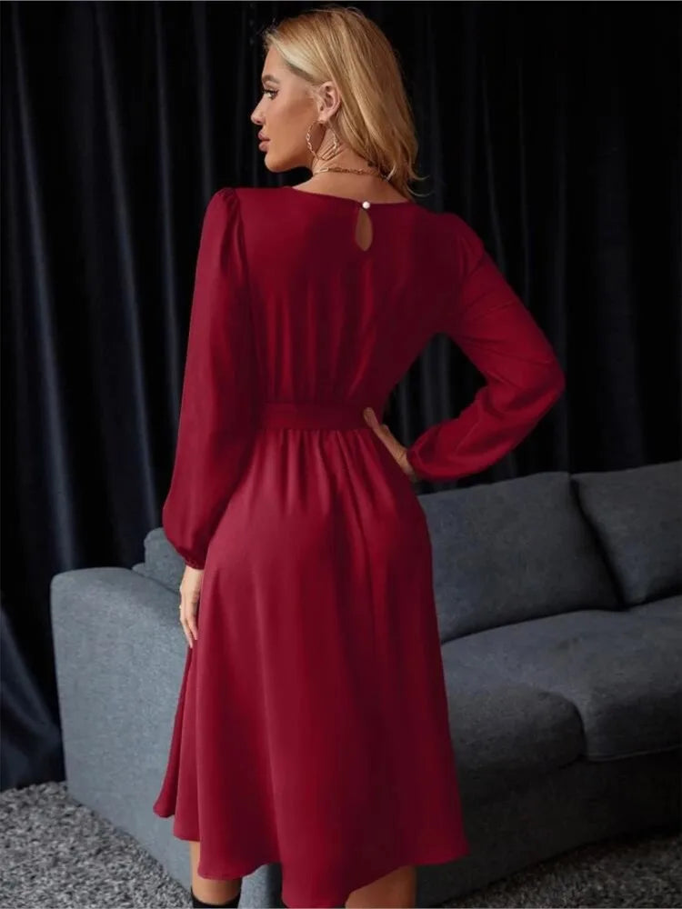 Summer Women's New Fashion Lantern Sleeves Keyhole Back Lace Up Waist Satin Round Neck Long Sleeve Medium Length Dress