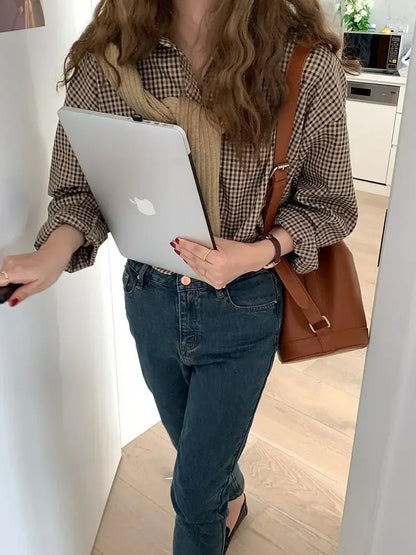 Plaid Shirts Women Retro Turn-down Collar Blouses All-match Straight Hong Kong Style Button Up Elegant Long Sleeve Outwear Femme