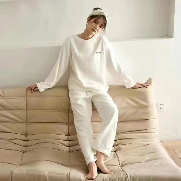 2025 Autumn Winter Warm Flannel Women Pijamas Sets Thick Coral Velvet Long Sleeve Cartoon Sleepwear Thin Flannel Pajamas Set