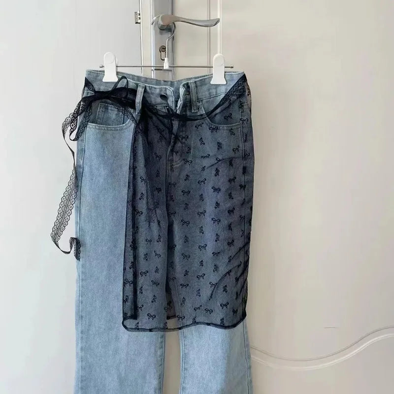 New Fashion Lace Layered Gauze Skirt with Tie Up Spicy Girl Stacked Skirt Y2k Streetwear Apron Wrap Skirt Lace Up Matching Pants