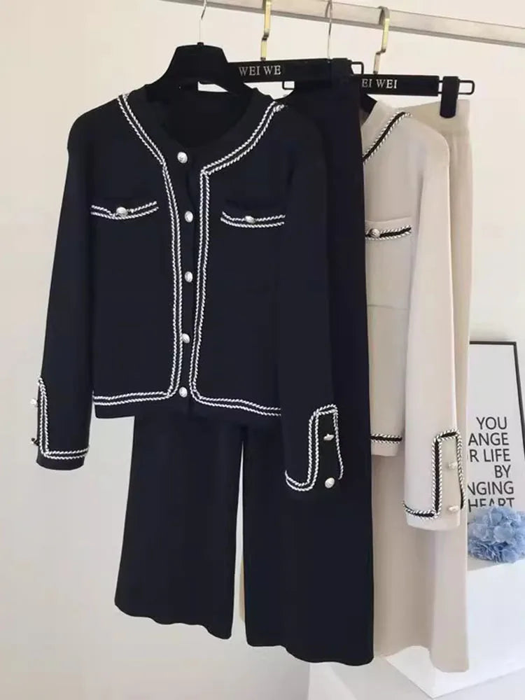 Women Casual Knitted 2 Pieces Sets Korean Cropped Knitwear Sweater Cardigan Tops Conjuntos High Waist Ankle Length Pants Suits