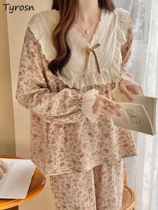 Pajama Sets Women Comfortable Daily Print Design Sweet Autumn Popular Attractive Ulzzang V-Neck Students Holiday Elegant Trendy