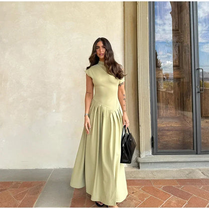 DSMTRC 2025 New Casual Office Lady Vestidos Streetwear Elegant Green Diagonal Collar Pleated Short Sleeve Patchwork Chic Dress