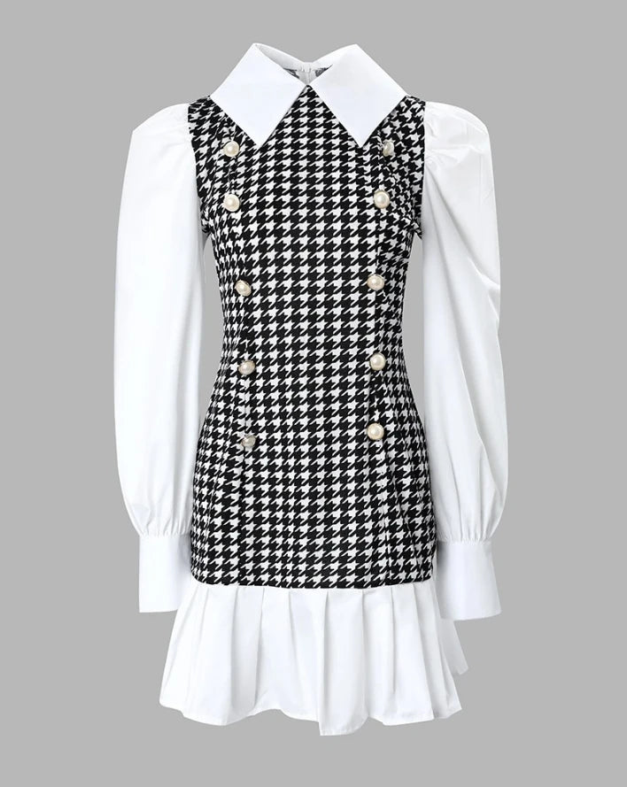 Women's Dresses 2025 Spring Fashion Houndstooth Button Decor Puff Sleeve Ruffle Hem Elegant Turn-Down Collar Daily A Line Dress