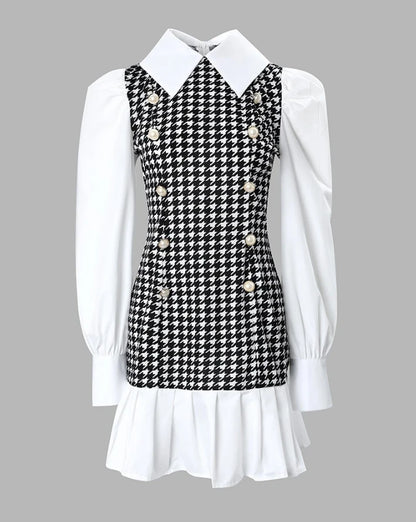 Women's Dresses 2025 Spring Fashion Houndstooth Button Decor Puff Sleeve Ruffle Hem Elegant Turn-Down Collar Daily A Line Dress